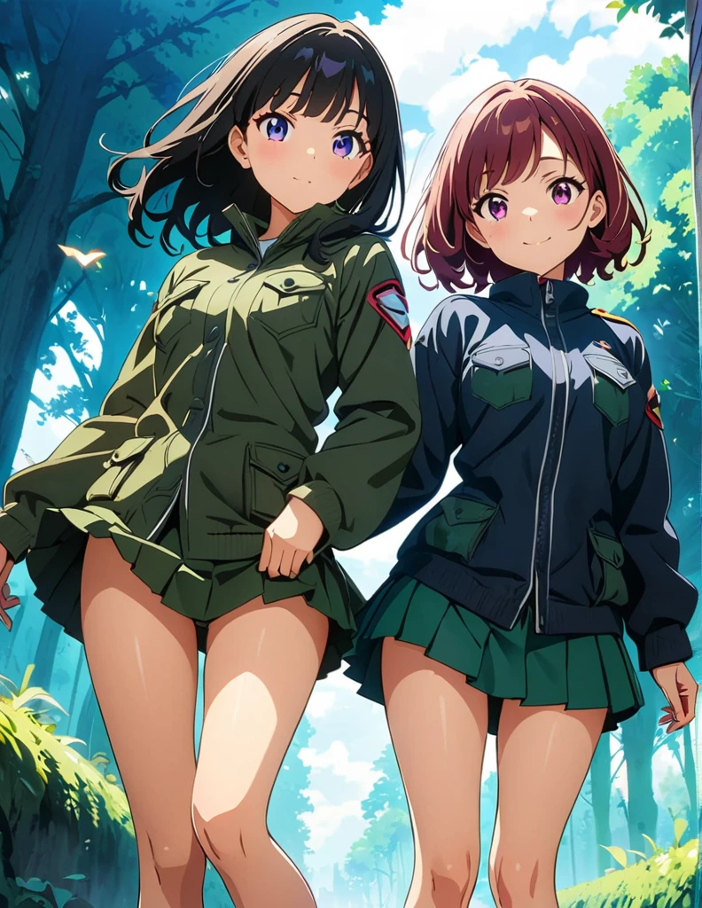 (anime artwork, anime style, studio anime, very detailed, up to date, vibrant, Anime Coloring, high contrast, masterpiece:1.2, best quality, best aesthetics),2 girl,hug from behind,army suit, pleated skirt, Medium chest, A glimpse of thighs,random hair, One eye is hidden by the bangs, perfect proportions, high detail skin, Cute, detailed faces,forest, precise fingers,panty shot ,roll over,supine pose