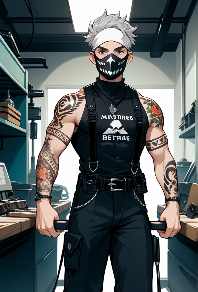 masterpiece, best quality, male, (masked face, full mask, covered face), black visor, white bandana, gray hair, short hair, spiky hair, mature body, muscular body, mechanic pants, tool belt, toolkit belt, workshop, tattoos, covered in tattoos, dragon tattoo, holding hammer