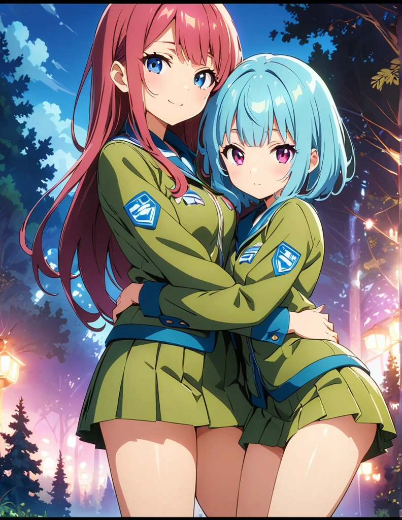 (anime artwork, anime style, studio anime, very detailed, up to date, vibrant, Anime Coloring, high contrast, masterpiece:1.2, best quality, best aesthetics),2 girl,hug from behind,army suit, pleated skirt, Medium chest, A glimpse of thighs,random hair, One eye is hidden by the bangs, perfect proportions, high detail skin, Cute, detailed faces,forest, precise fingers,panty shot ,roll over,supine pose