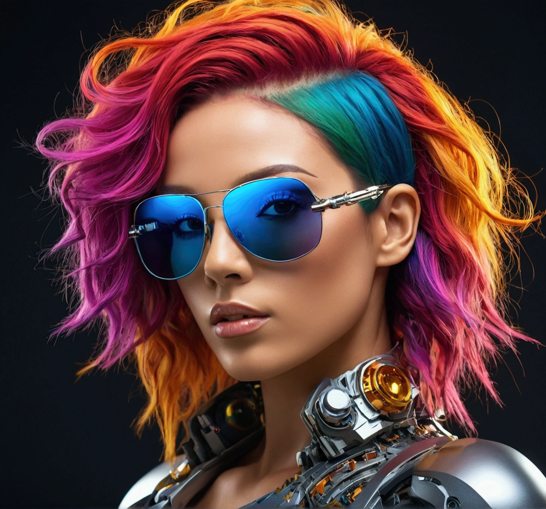 "A stunning, beautiful woman with colorful hair, wearing sunglasses, high-resolution photo capturing the essence of a futuristic cyborg with intricate details and dynamic angles."