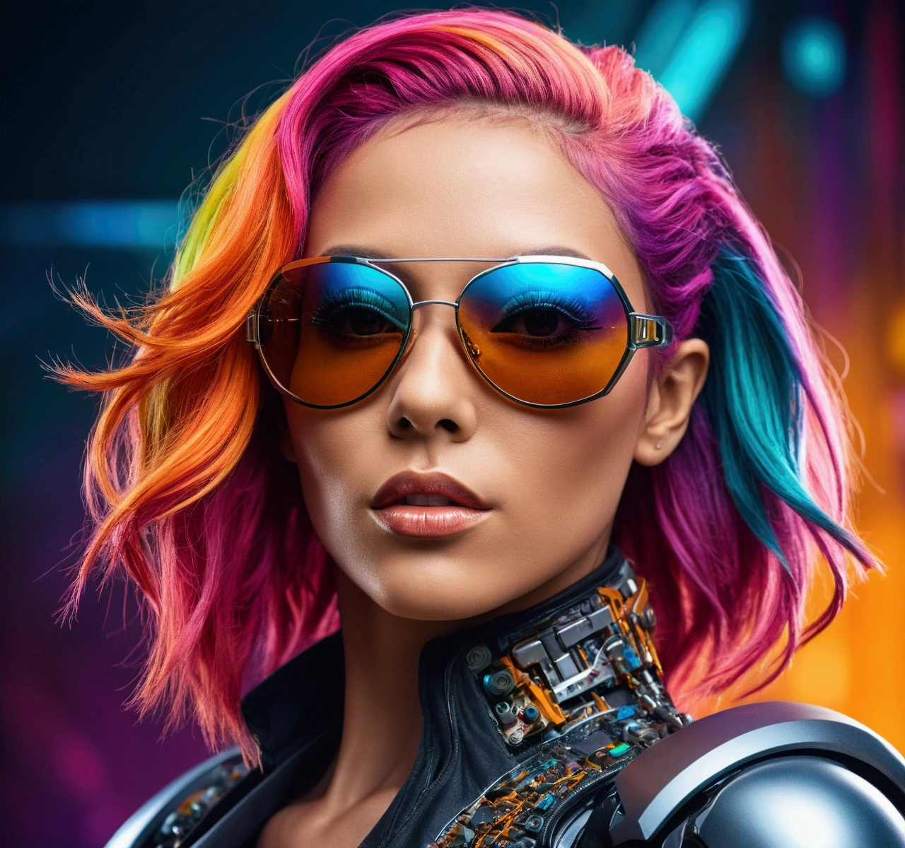 "A stunning, beautiful woman with colorful hair, wearing sunglasses, high-resolution photo capturing the essence of a futuristic cyborg with intricate details and dynamic angles."