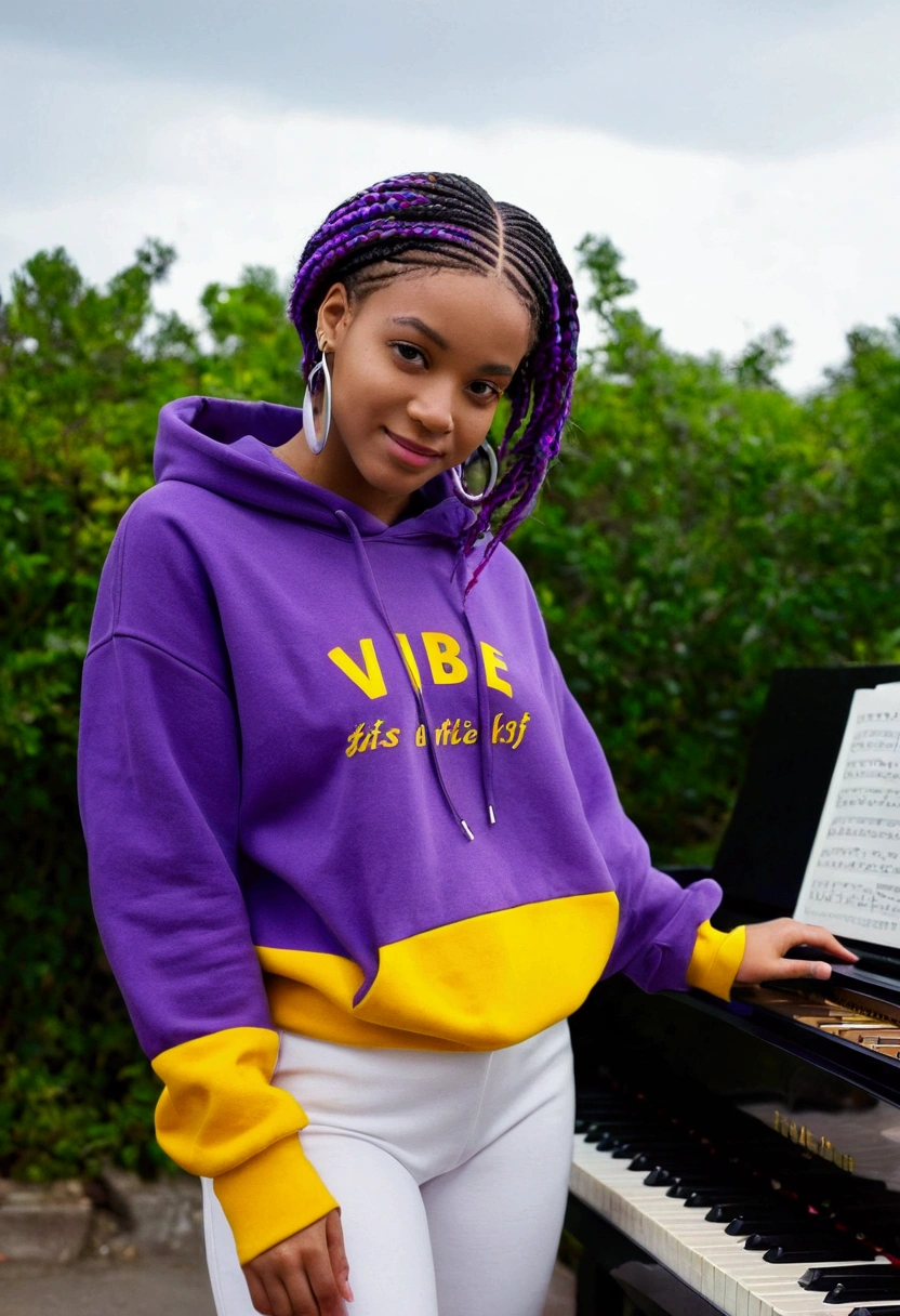 (masterpiece, best quality), deep ebony 1girl, beautiful face, short Afro braids , cute, , beautify, Lofi vibe,, cute night vibe, concentrated, hands outside of the picture, music studio, piano on the background, , purple and yellow hoddie, white trousers , not sexy, cute look, clothing is dry and baggy, small breasts, teen vibe, jogging, cute smile