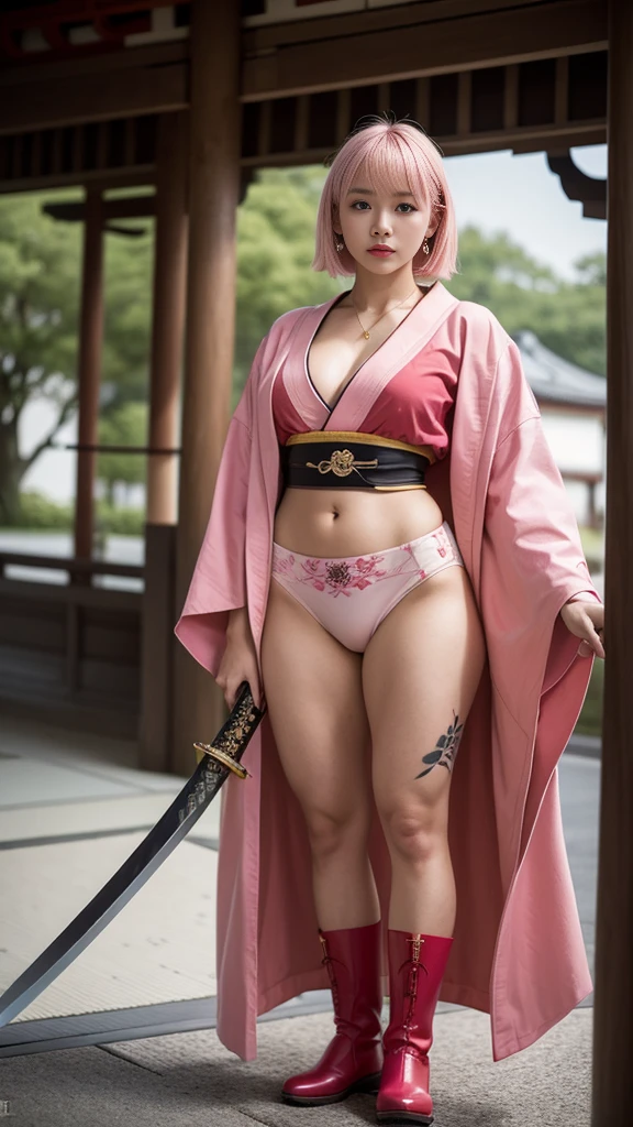 Beautiful Chinese woman, (16 years old), cute face, red lips, white moisturized skin, moles, (under-eye bags),
BREAK,
Feminine body with high athletic ability, Body of a female fitness model, Feminine body with hard tones, (Muscles: 1.2), (Beautiful belly button),
BREAK,
Fighter, Kung Fu fighter, Idol, (Yakuza), (Yakuza),
BREAK,
(Wearing a cute kimono: 1.3), (Kimono with a high degree of exposure), (Stiletto heels, long boots 1.3), necklace, very large earrings, short length,
BREAK,
Short hair, (Short bob hair), (Bangs: 1.2), (Pink hair: 1.3), (Wavy hair),
BREAK,
(Very large Japanese sword: 1.4), (Holding the handle of a Japanese sword: 1.3), (Fighting: 1.2), (Getting into a fighting stance), (Beautiful blade of a Japanese sword: 1.2)
BREAK,
(Japanese tattoo: 1.4),
BREAK,
Masterpiece, Perfect lighting, Ultra high resolution, 8K, (Very detailed: 1.4), (From the front), Looking at the camera, Melancholic expression,
BREAK,
(Tokyo city, lots of people in the background: 1.2), City background in Shibuya, Tokyo, Japan,