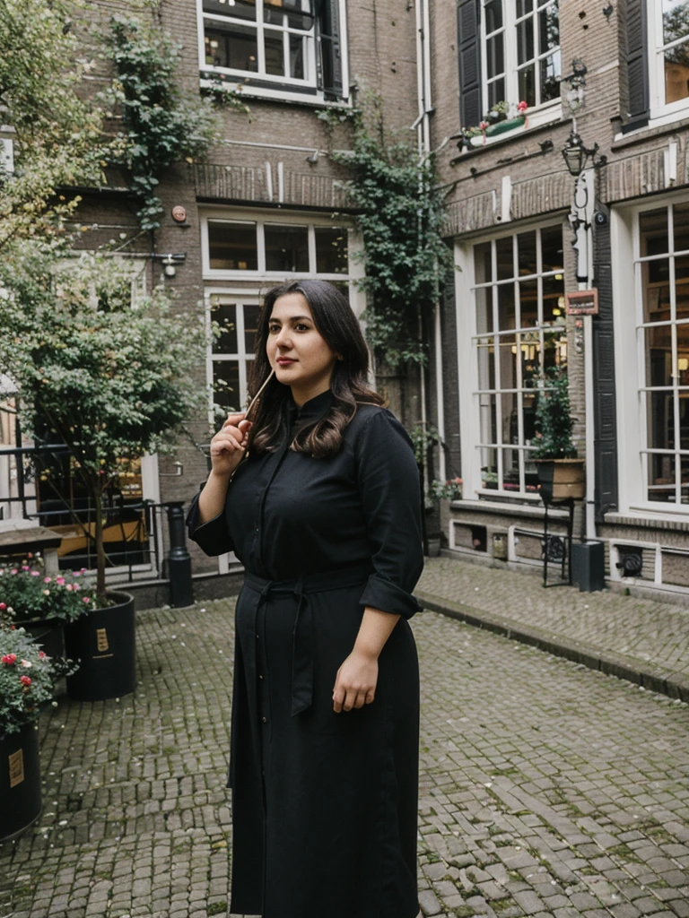 Caseyli, 1girl, solo, 30 years old, (((Georgian face))), (((Georgian nose))), (((Georgian lips))), ((((chubby)))), (((wide hips))), (((dark blonde hair))), wavy medium hair, wearing stylish Generation Z modern wear, ((Background: Courtyard in Amsterdam))