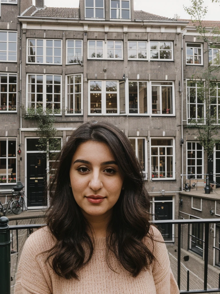 Caseyli, 1girl, solo, 30 years old, (((Georgian face))), (((Georgian nose))), (((Georgian lips))), ((((chubby)))), (((wide hips))), (((dark blonde hair))), wavy medium hair, wearing stylish Generation Z modern wear, ((Background: Courtyard in Amsterdam))