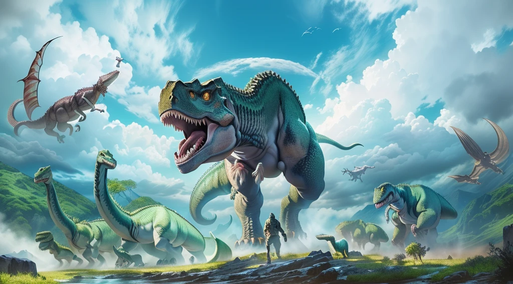 一张Dinosaur图片,Dinosaur面前, Ark Survival, Ark Survival evolved, Key Art, Background artwork, Ancient Art, Jurassic image, Official artwork with high detail, Official concept art, Dinosaur背后的陨石撞击, Game Art, Jurassic, 3D Epic Illustrations, detailed Game Art illustration, Inspired by Ryan Barger, Dinosaur,Very high quality,4K