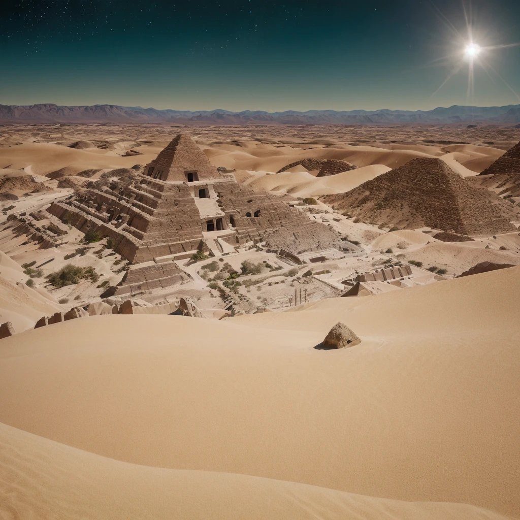 a closeup of a pyramid in the desert with a star in the sky, Beeple y Jean Giraud, DMT Waves, ancient megastructure pyramid, cosmic energy cables, Infinite quantum waves, lighting tripping on dmt, galactic temple, Beeple and Mike Winkelmann, dmt temple, por Mike Winkelmann, Foreground a vast desert with beautiful dunes which have different sizes, some larger than others, These look like fine, soft sand., It seems that they are moved by a delicate wind, plays with the shadows that they cast.

From the camera angle it appears to be a first-person shot., Well, it is from the visual perspective as if I were looking straight at the entire scene., From that angle you can see a straight translucent path of different colors that makes its way through the middle of the desert..

This translucent path of colors takes the viewer to a colossal pyramid that is in full radiance., This pyramid has a particular shape since from the front it can be seen that it has many steps that lead to what appears to be a flat base and that it has a large statuette carved in stone of two intertwined snakes that form the figure of human DNA.. 

This landscape is wrapped in a night atmosphere where the observable sky is illuminated by stars and nebulas of beautiful colors., which means that the landscape was from a very early period in that place.

The image details are impressive, It seems like a landscape out of this time and plane, something incredible for what has always been seen by human beings.
