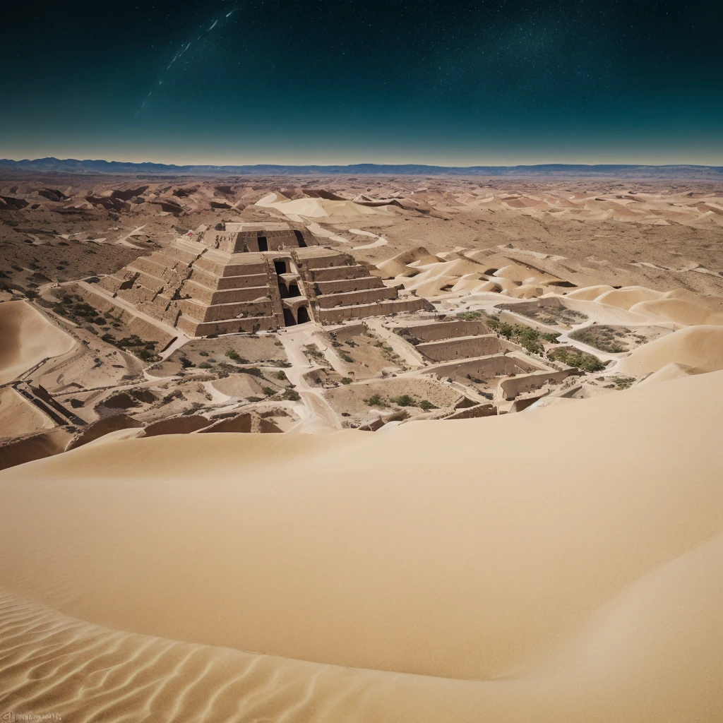 a closeup of a pyramid in the desert with a star in the sky, Beeple y Jean Giraud, DMT Waves, ancient megastructure pyramid, cosmic energy cables, Infinite quantum waves, lighting tripping on dmt, galactic temple, Beeple and Mike Winkelmann, dmt temple, por Mike Winkelmann, Foreground a vast desert with beautiful dunes which have different sizes, some larger than others, These look like fine, soft sand., It seems that they are moved by a delicate wind, plays with the shadows that they cast.

From the camera angle it appears to be a first-person shot., Well, it is from the visual perspective as if I were looking straight at the entire scene., From that angle you can see a straight translucent path of different colors that makes its way through the middle of the desert..

This translucent path of colors takes the viewer to a colossal pyramid that is in full radiance., This pyramid has a particular shape since from the front it can be seen that it has many steps that lead to what appears to be a flat base and that it has a large statuette carved in stone of two intertwined snakes that form the figure of human DNA.. 

This landscape is wrapped in a night atmosphere where the observable sky is illuminated by stars and nebulas of beautiful colors., which means that the landscape was from a very early period in that place.

The image details are impressive, It seems like a landscape out of this time and plane, something incredible for what has always been seen by human beings.
