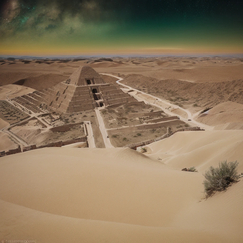 a closeup of a pyramid in the desert with a star in the sky, Beeple y Jean Giraud, DMT Waves, ancient megastructure pyramid, cosmic energy cables, Infinite quantum waves, lighting tripping on dmt, galactic temple, Beeple and Mike Winkelmann, dmt temple, por Mike Winkelmann, Foreground a vast desert with beautiful dunes which have different sizes, some larger than others, These look like fine, soft sand., It seems that they are moved by a delicate wind, plays with the shadows that they cast.

From the camera angle it appears to be a first-person shot., Well, it is from the visual perspective as if I were looking straight at the entire scene., From that angle you can see a straight translucent path of different colors that makes its way through the middle of the desert..

This translucent path of colors takes the viewer to a colossal pyramid that is in full radiance., This pyramid has a particular shape since from the front it can be seen that it has many steps that lead to what appears to be a flat base and that it has a large statuette carved in stone of two intertwined snakes that form the figure of human DNA.. 

This landscape is wrapped in a night atmosphere where the observable sky is illuminated by stars and nebulas of beautiful colors., which means that the landscape was from a very early period in that place.

The image details are impressive, It seems like a landscape out of this time and plane, something incredible for what has always been seen by human beings.
