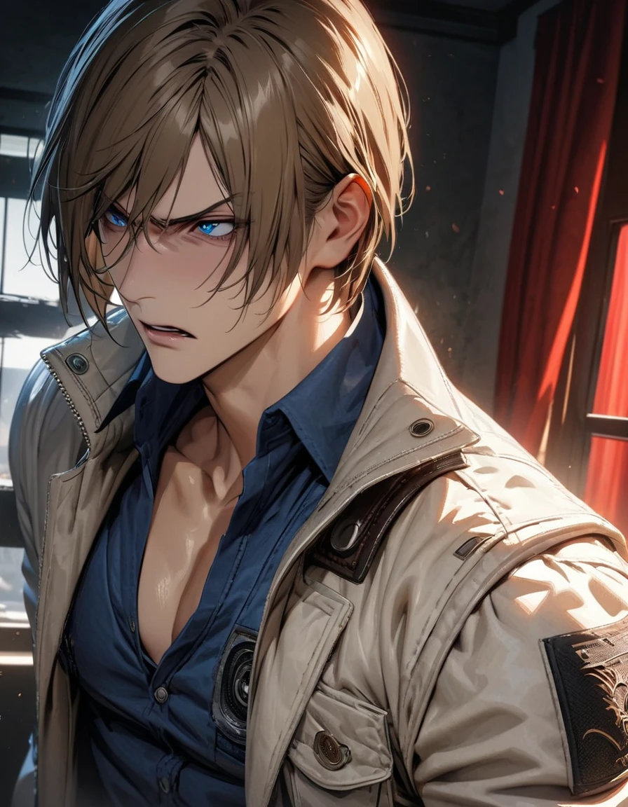 absurdities, High resolution, ultra detailed, HdR, masterpiece, Extremely detailed face and eyes, Leon Kennedy, tousled medium blonde brown hair, angry, expressive blue eyes, resident evil 6, 1 man, elegant, white jacket, Fitted blue shirt, toned chest, window, Red curtains