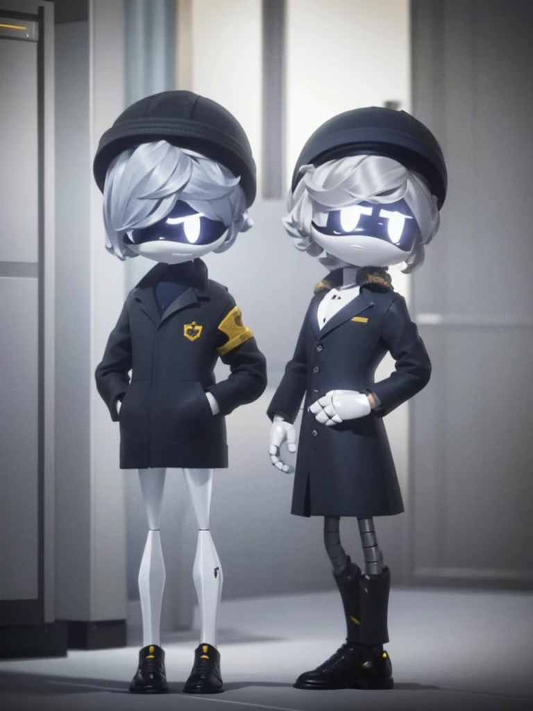 Male, Disassembly Drone, prototype infiltrator Disassembly Drone, wearing modified formal jacket and hat, short silver hair, white eyes, standing at attention, hands in pockets, fully in frame, full body shot, facing viewer, lone figure, sole figure, sole person, Murder Drones style