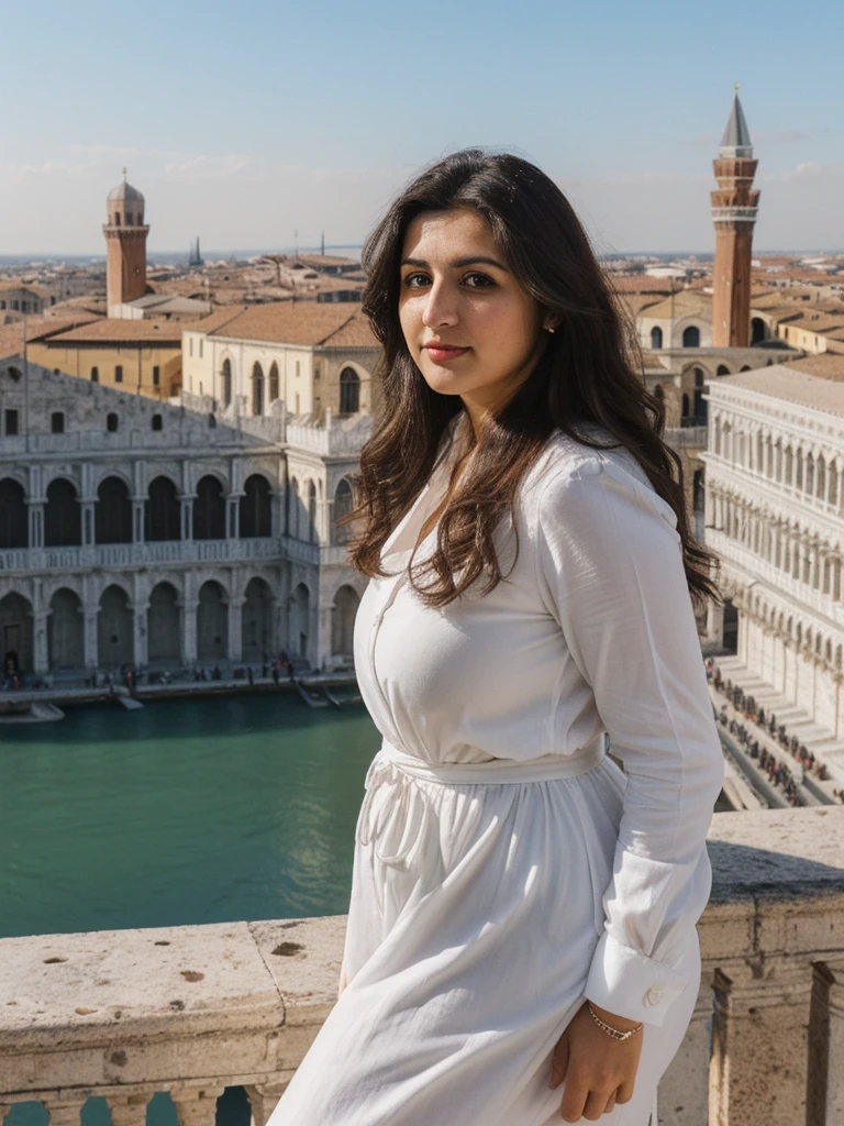 Caseyli, 1girl, solo, 30 years old, (((Georgian face))), (((Georgian nose))), (((Georgian lips))), ((((chubby)))), (((wide hips))), (((dark blonde hair))), wavy medium hair, wearing stylish Generation Z modern wear, ((Background: overlooking Piazza San Marco in Italy))