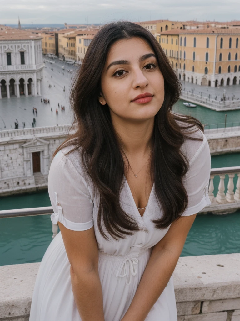Caseyli, 1girl, solo, 30 years old, (((Georgian face))), (((Georgian nose))), (((Georgian lips))), ((((chubby)))), (((wide hips))), (((dark blonde hair))), wavy medium hair, wearing stylish Generation Z modern wear, ((Background: overlooking Piazza San Marco in Italy))