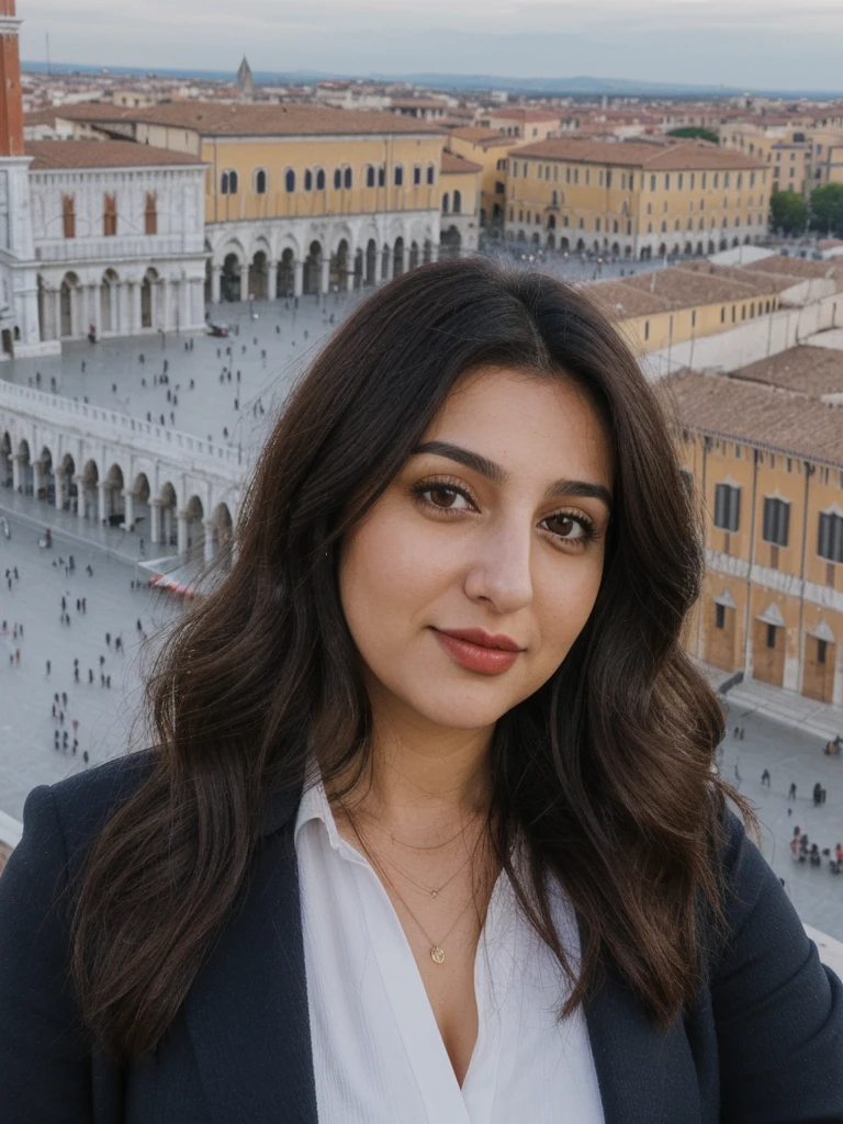 Caseyli, 1girl, solo, 30 years old, (((Georgian face))), (((Georgian nose))), (((Georgian lips))), ((((chubby)))), (((wide hips))), (((dark blonde hair))), wavy medium hair, wearing stylish Generation Z modern wear, ((Background: overlooking Piazza San Marco in Italy))