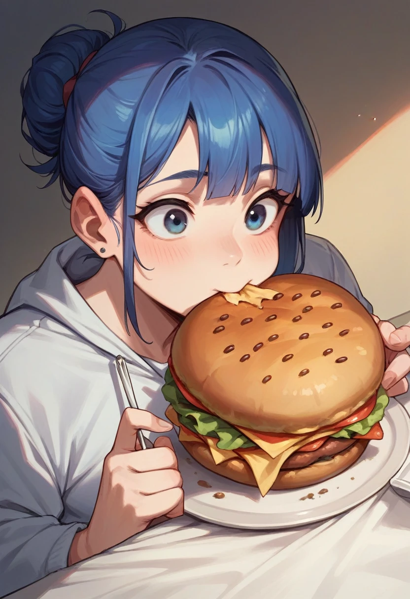 ayanami_rei,1girl,medium breasts, ,(((masterpiece))),(((bestquality))),((ultra-detailed)),(illustration),((anextremelydelicateandbeautiful)),dynamicangle,(absurdres, highres, ultra detailed), , two-handed burger,holding a huge burger with both hands, close-up,beautiful_detailed_eyes, , burger covering mouth,white bodysuit ,skin tight, bangs, blue hair, red eyes