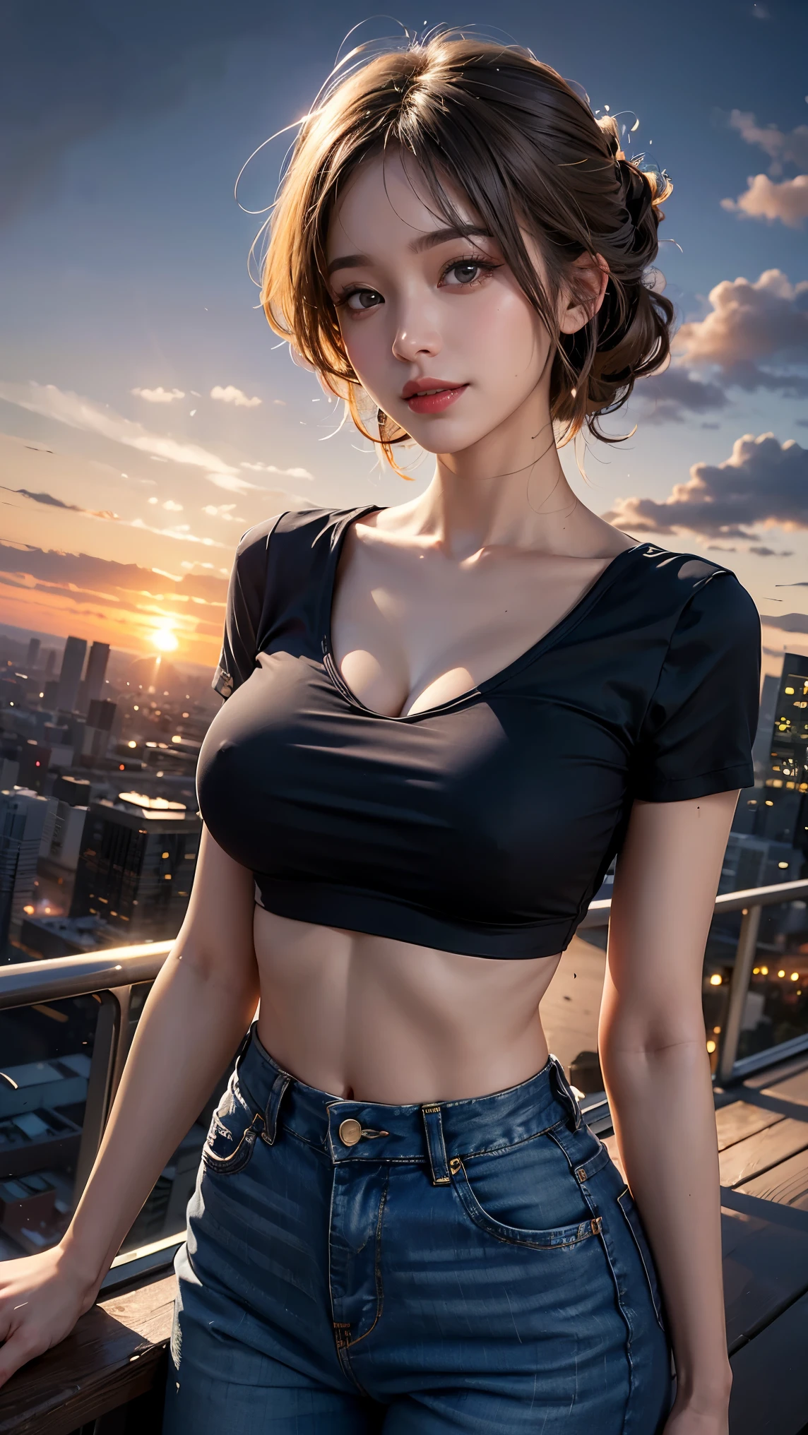 xxmixgirl,One Girl, Fisheye Lens, Selfie, Wind, Messy Hair, sunset, Cityscape, (Aesthetics and atmosphere:1.2), Gray Hair,smile, Film Girl, Short top shirt, Open your chest wide,
