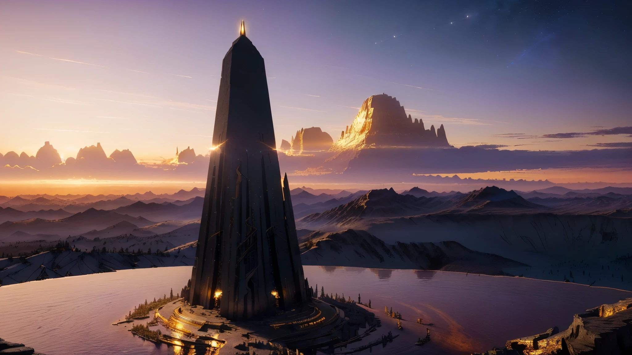 masterpiece, best quality, (extremely detailed CG unity 8k wallpaper), (best quality), (best illustration), (best shadow), absurdres, realistic lighting, (Abyss), beautiful detailed glow, art by PeterMohrBacher, gold and purple, obelisk at sunset, (gold), (golden obelisk)