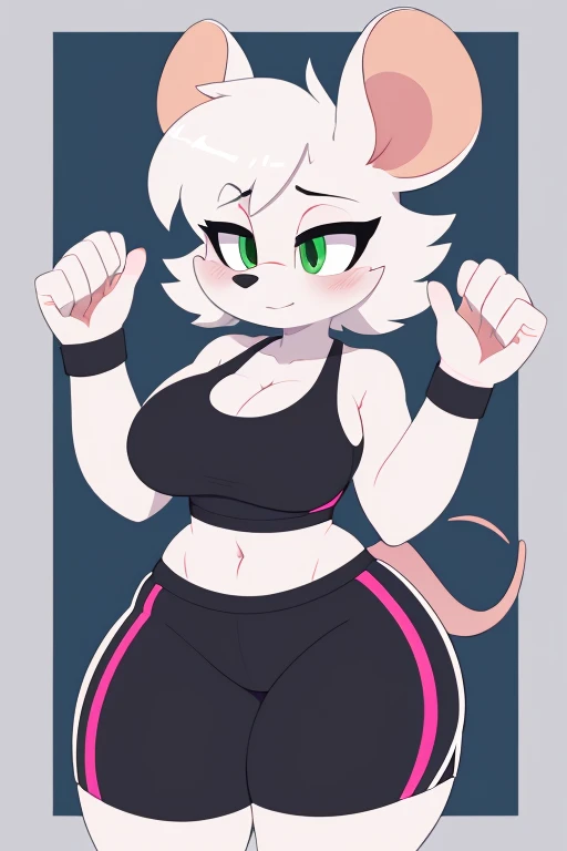 high quality, high res, outline, , mouse, rodent, female, by whygena, reggie_(whygena furry), , wide hips, flat colours, outlines, lines, huge thighs, white body, pink rat tail, white hair, short asymetric hair, green eyes, long eyelids, eyes looking down at , cheek tuft, black sport bra, sport shorts, black sport clothes, flat snout, small snout, asymetric hair, blush on face, underboob , huge breasts, huge thighs, hands up, girly wrist, 4fingers.