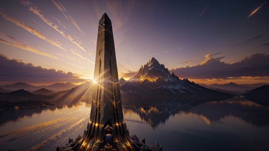 masterpiece, best quality, (extremely detailed CG unity 8k wallpaper), (best quality), (best illustration), (best shadow), absurdres, realistic lighting, (Abyss), beautiful detailed glow, art by PeterMohrBacher, gold and purple, obelisk at sunset, (gold), (golden obelisk)