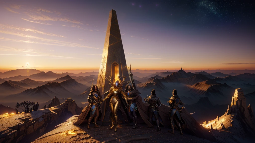 masterpiece, best quality, (extremely detailed CG unity 8k wallpaper), (best quality), (best illustration), (best shadow), absurdres, realistic lighting, (Abyss), beautiful detailed glow, art by PeterMohrBacher, gold and purple, obelisk at sunset, (gold), (golden obelisk)