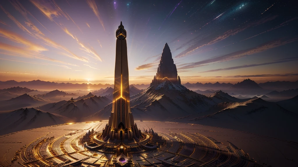 masterpiece, best quality, (extremely detailed CG unity 8k wallpaper), (best quality), (best illustration), (best shadow), absurdres, realistic lighting, (Abyss), beautiful detailed glow, art by PeterMohrBacher, gold and purple, obelisk at sunset, (gold), (golden obelisk)