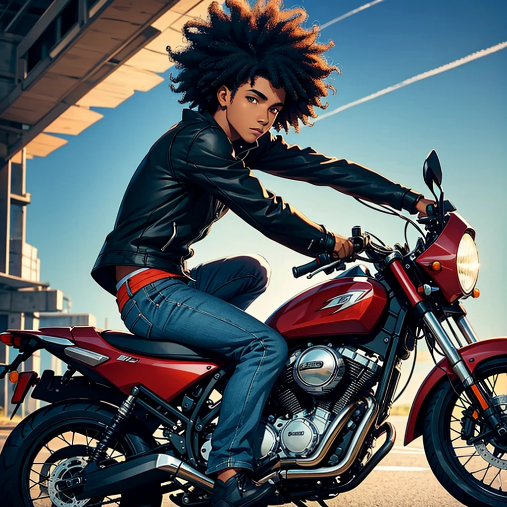 Side progile of a young man with afro hair riding motor cycle.