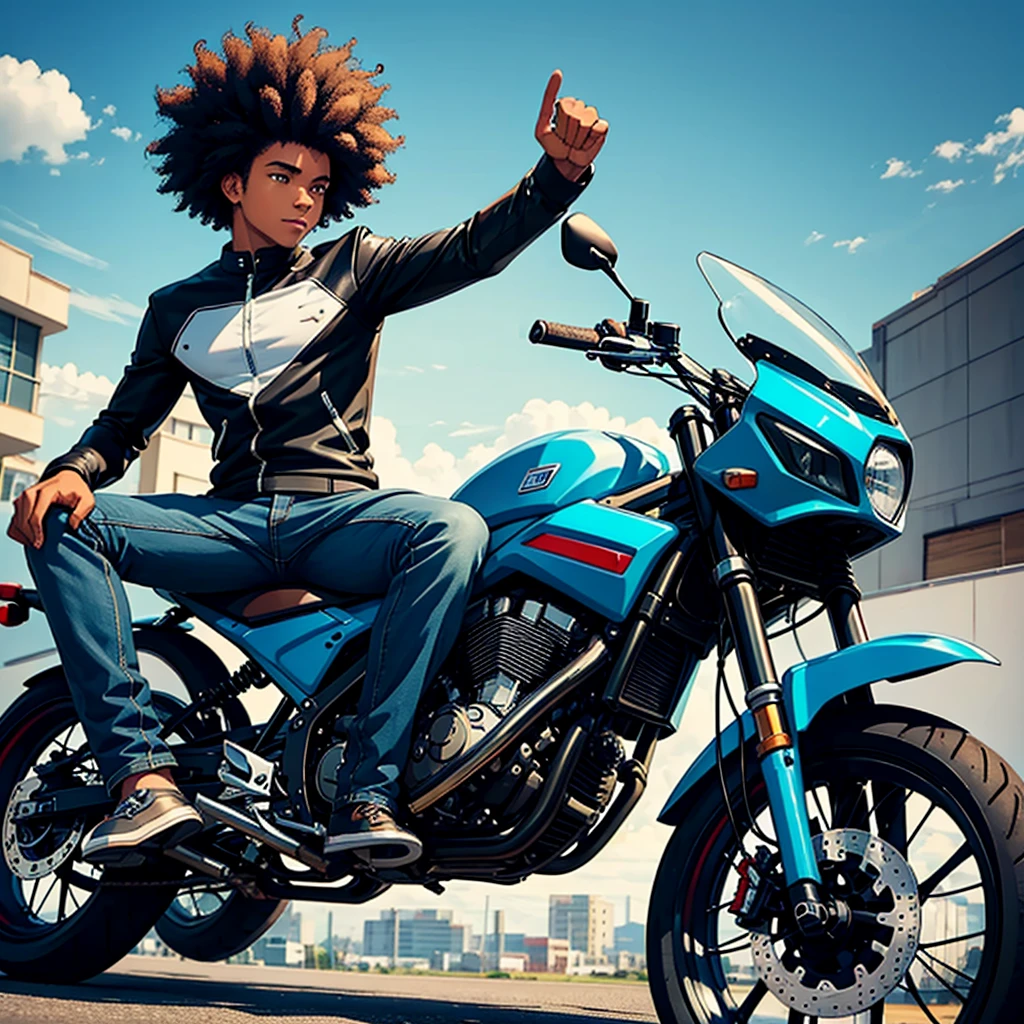 Side progile of a young man with afro hair riding motor cycle. 