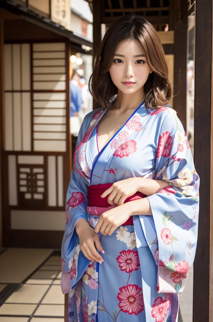 masterpiece、Highest quality、High resolution、Tabletop、wallpaper、Realistic、Bright lighting、Professional Lighting、Face Light、Smooth lighting、Japanese women、Adult female、Beautiful woman、actresodeled、gravure、sexy、so beautiful、Beautiful Skin、Beautiful and detailed、Detailed face、slim、Medium to large breasts、short hair、Brunette Hair、Brown eyes、Looking at the camera、Japanese Kimono、Japanese Yukata、In Fair