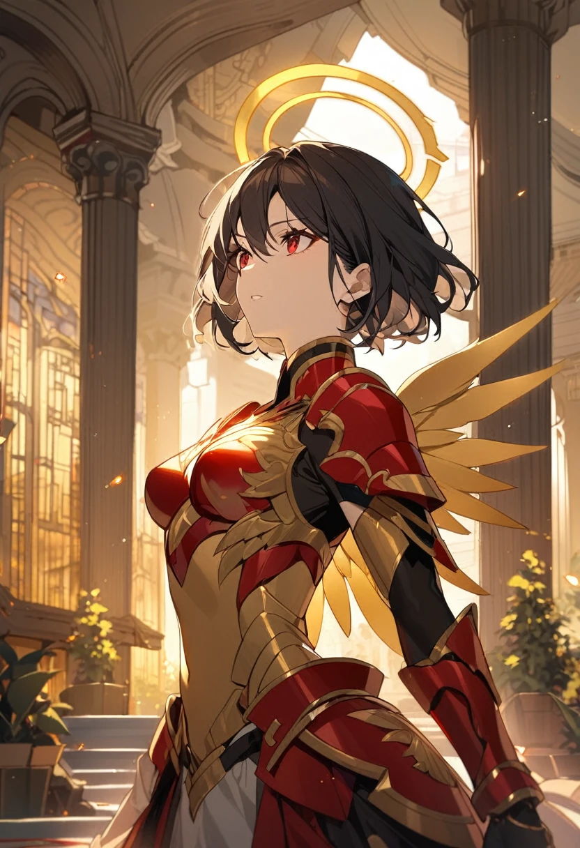 1girl, golden skin, golden halo, black hair, very short hair, winged, red armor, red eyes, palace ambience, golden aura