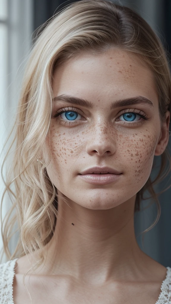 1 albino woman, with freckles, Extremely beautiful, slender, with sensual face, highly delicate face, The beauty of women is undeniable, close-up that reveals the intricate details of her highly detailed large bright light blue eyes, your deeply detailed radiant skin, wearing a sensual transparent nightgown, Captured with a lens that emphasizes the challenge of your gaze, environment that highlights the soft colors of the scene. Lighting and shadows are expertly crafted to highlight the richness of your skin tone and the subtle nuances of your features.. Your curly hair highly details strand by strand, with its distinct tone, adds a touch of warmth and contrast against your skin. using the best shadow lighting techniques, mesmerizing that transcends the visual, image in stunning 8k resolution and raw format to preserve the highest quality of details.
ultra-realistic image, perfect symmetry, vibrant and clear, dynamic view, high level of detail and definition, 1200 PPI - Photographic resolution with greater color realism, hyperrealisti, high fidelity, cinematic, 8K UHD image resolution.