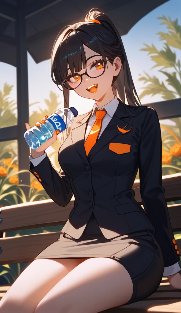 1girl,solo,core_9,score_8_up,score_7_up,older woman,orange lipstick,secretary outfit,siren glasses,mole,ponytail,orange and black hair,black hair,orange streaks,fangs,night,black bed,1woman,high quality,detailed,sitting on bench,sunlight,grass,holding water bottle,giving water bottle to viewer