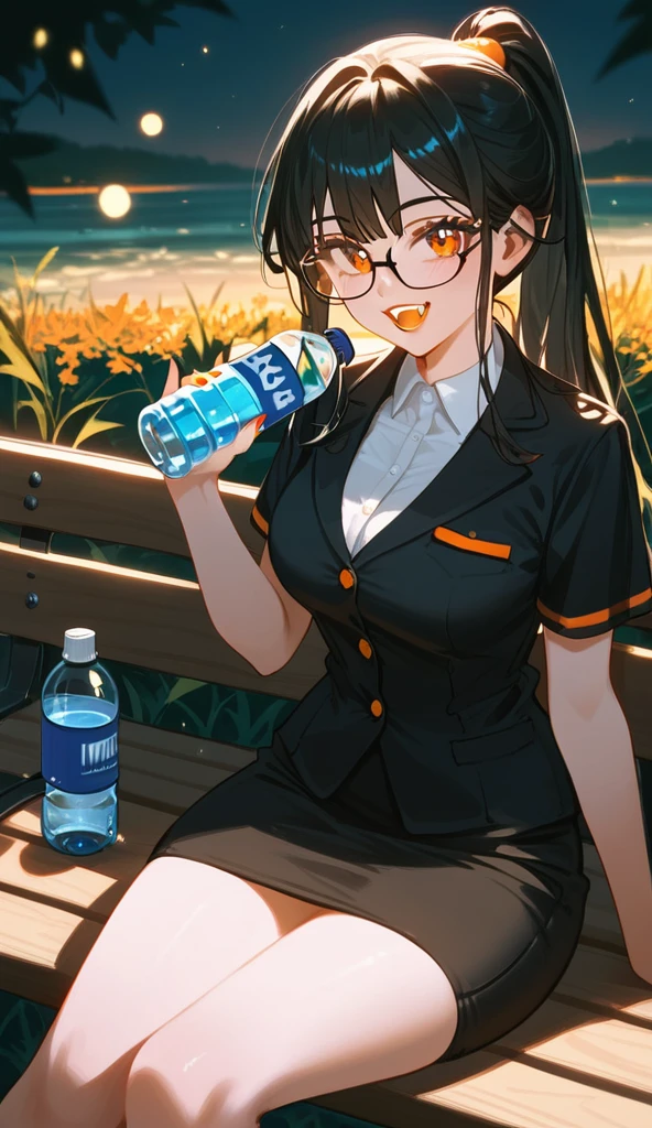 1girl,solo,core_9,score_8_up,score_7_up,older woman,orange lipstick,secretary outfit,siren glasses,mole,ponytail,orange and black hair,black hair,orange streaks,fangs,night,black bed,1woman,high quality,detailed,sitting on bench,sunlight,grass,holding water bottle,giving water bottle to viewer
