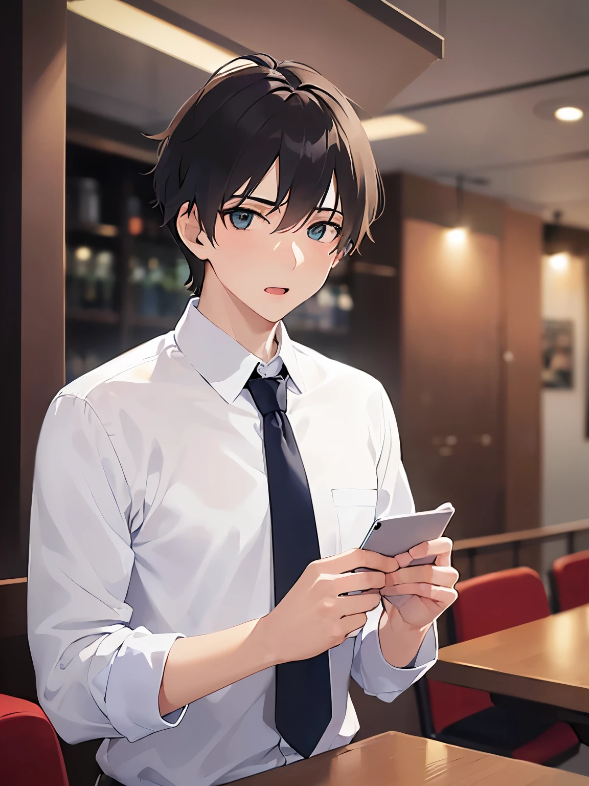 upper body、masterpiece、Highest quality、(25-year-old male:1.5) and (Brown short hair) and (Green Eyes), (white collared shirt) and (Blue tie）、confused, open mouth, The background is the interior of a restaurant at night.、(Alone:1.5)、Upper body is shown、Are standing