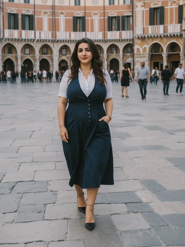 Caseyli, 1girl, solo, 30 years old, (((Georgian face))), (((Georgian nose))), (((Georgian lips))), ((((chubby)))), (((wide hips))), (((dark blonde hair))), wavy medium hair, wearing stylish Generation Z modern wear, ((Background: strolling at the Piazza San Marco in Italy))