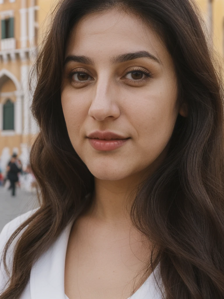 Caseyli, 1girl, solo, 30 years old, (((Georgian face))), (((Georgian nose))), (((Georgian lips))), ((((chubby)))), (((wide hips))), (((dark blonde hair))), wavy medium hair, wearing stylish Generation Z modern wear, ((Background: strolling at the Piazza San Marco in Italy))