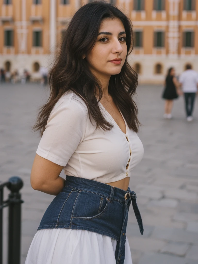 Caseyli, 1girl, solo, 30 years old, (((Georgian face))), (((Georgian nose))), (((Georgian lips))), ((((chubby)))), (((wide hips))), (((dark blonde hair))), wavy medium hair, wearing stylish Generation Z modern wear, ((Background: strolling at the Piazza San Marco in Italy))