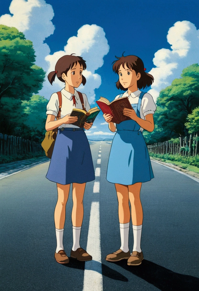 Ghibli　Two girls　The man stood on the road and spoke to people who were reading.