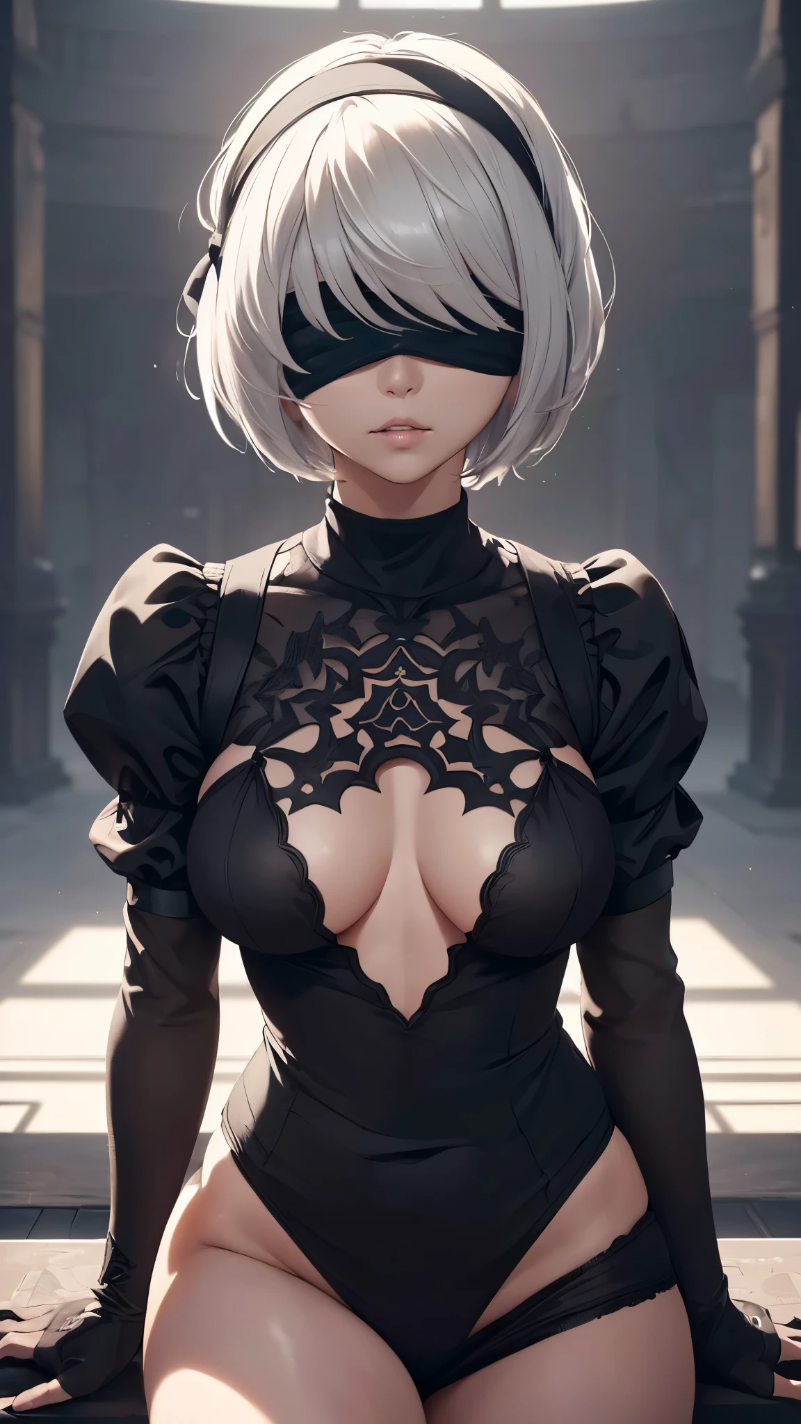 1 girl(YoRHa 2-gou B-gata "2B" - Nier: Automata), (black blindfold:1.5), black hairband, blindfold, hairband, short hair, white hair, beautiful detailed lips, extremely detailed face, longeyelashes, detailed skin, slender sexy body, toned skin, sharp facial features, high cheekbones, long elegant legs, crouching pose, (best quality,4k,8k,highres,masterpiece:1.2),ultra-detailed,(realistic,photorealistic,photo-realistic:1.37),cinematic lighting,dramatic lighting,dramatic shadows,high contrast,chiaroscuro,moody,sensual,erotic,nsfw