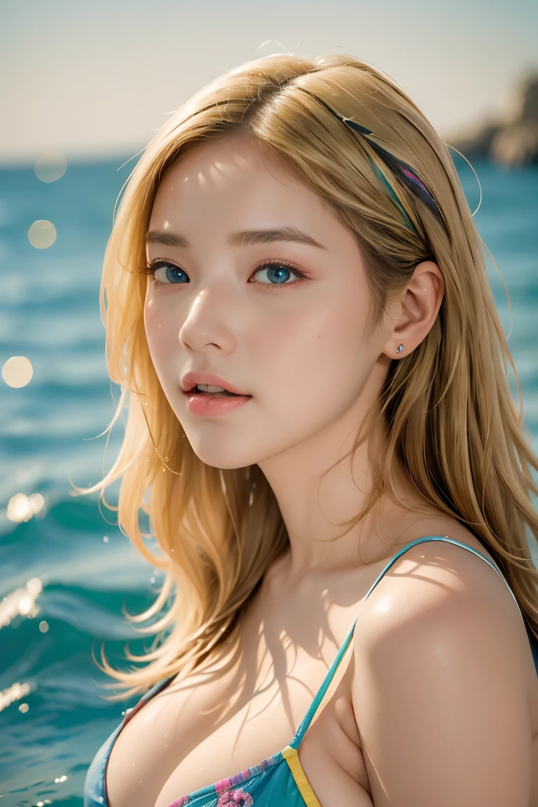 ( High quality , ultra-detailliert, careful with hand )Zodiac - Gemini goddess , Similar to Latin goodness , Twin Goddesses , curious, Skillful, Humorous, Seductive, imaginative face , Sometimes impractical, restless, Nervous, careless style , Light brown eyes , Light blonde hair , Transparent dress , in the ocean with wind , Whole body , Frivolous makeup look ,Creevag exhibition
