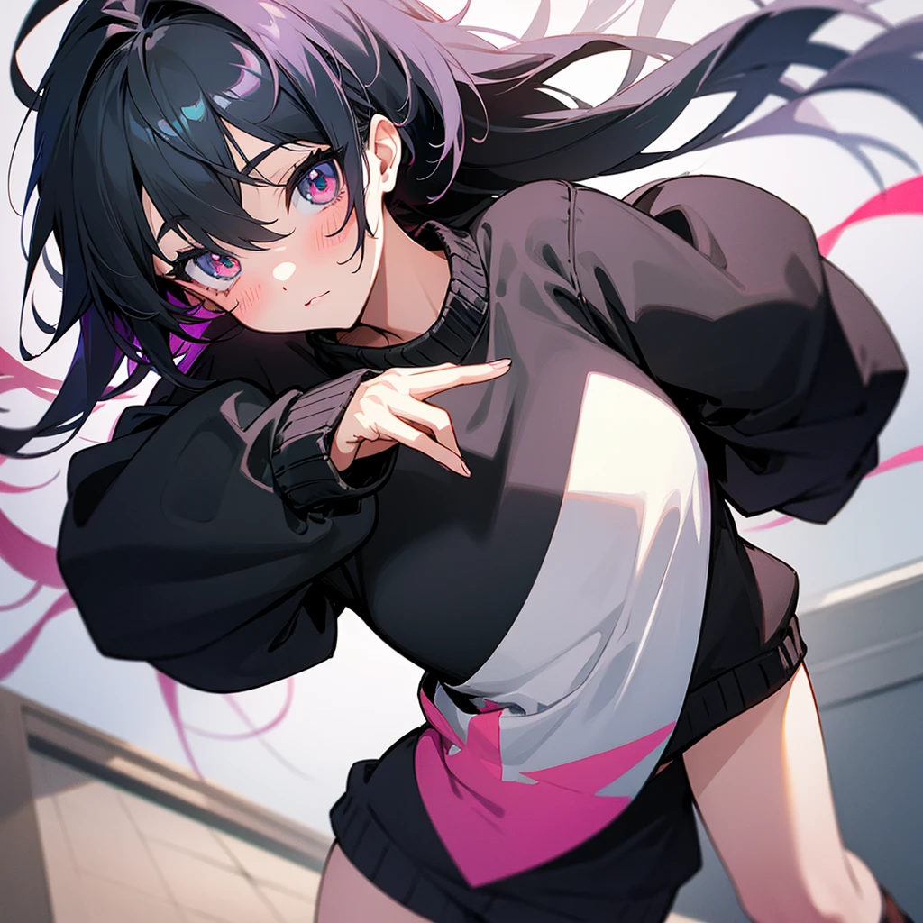 Create a cute and adorable emo girl in a black anime sweater