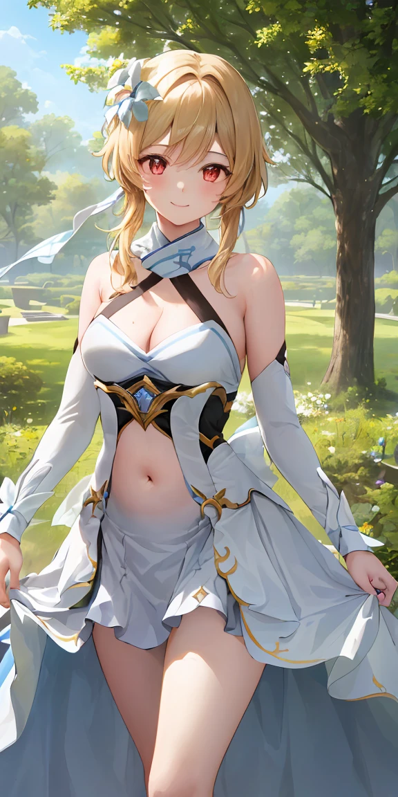 One girl, alone, Luminedef, Cleavage, (Glowing red eyes)
break (Center opening, belly button, abdomen, skirt, Removable sleeves:1.2),
break (Are standing: 1.7), blush, Embarrassing, big, smile,
break ball gown, In the tree garden, Wedding decorations, 
break ((最high quality, 8k, masterpiece: 1.3, Ultra HD, high quality, 最high quality, High resolution, realism)), Sharp focus: 1.5, Beautiful woman with slim body, (Perfect hands, Perfect ),