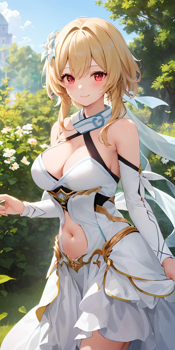 Lumine, genshin impact, (blonde, Short messy hair, white flower hair jewelry, detailed yellow eyes:1.4), (best quality,4k,8k,highres,masterpiece:1.2), ultra-detailed, (realistic,photorealistic,photo-realistic:1.37), illustration, vivid colors, studio lighting,physically-based rendering, cynical lighting effect, sexy pose, potrait, (ultra-detailed eyes:1.4), outdoor, mountain, sky, temple, (upper body, gigantic breasts:1.8), (looking at viewers:1.4), (Finger touching lips:1.3)