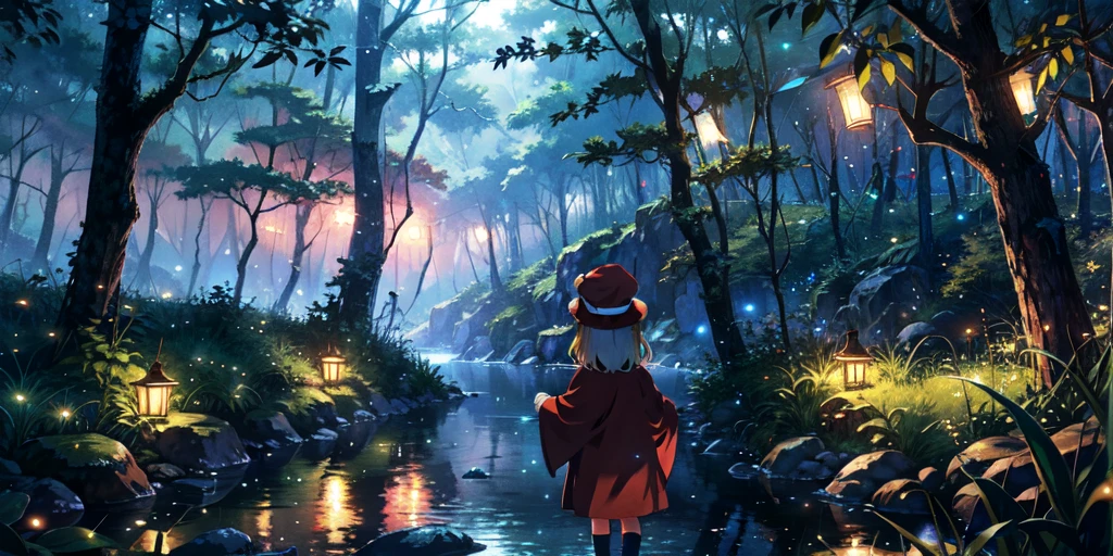 Forest by a small river,There is a little girl wearing a red hat looking at the water,There is a big red robe beside me,There is the light of fireflies