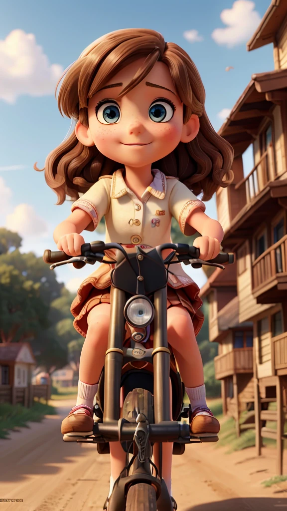 A 9-year-old girl with brown hair riding a bicycle, 8-year-old blonde girl standing on the back, dirt streets in a coastal city, detailed faces, beautiful eyes, two girls, bicycle, coastal city, dirt road, realistic, photorealistic, 8k, high quality, masterpiece, detailed description, dynamic composition, vibrant colors, natural lighting