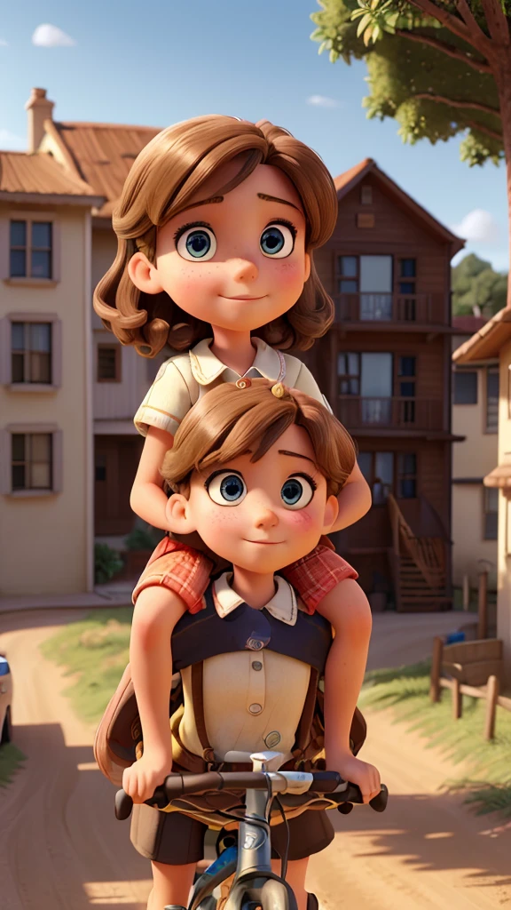 A 9-year-old girl with brown hair riding a bicycle, 8-year-old blonde girl standing on the back, dirt streets in a coastal city, detailed faces, beautiful eyes, two girls, bicycle, coastal city, dirt road, realistic, photorealistic, 8k, high quality, masterpiece, detailed description, dynamic composition, vibrant colors, natural lighting