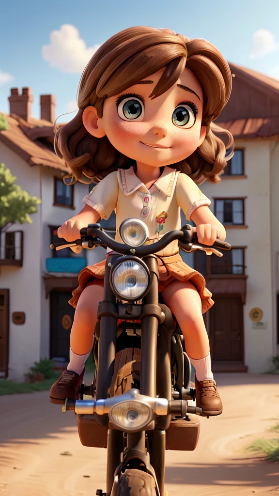 A 9-year-old girl with brown hair riding a bicycle, 8-year-old blonde girl standing on the back, dirt streets in a coastal city, detailed faces, beautiful eyes, two girls, bicycle, coastal city, dirt road, realistic, photorealistic, 8k, high quality, masterpiece, detailed description, dynamic composition, vibrant colors, natural lighting