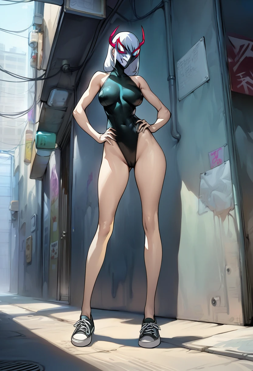 Masterpiece , best quality , Masterpiece , best quality , Spider Gwen , 1 woman, mask , Leotard , abdomen , big breasts , Long legs , Put your hands on your hips. , canvas shoes , alley