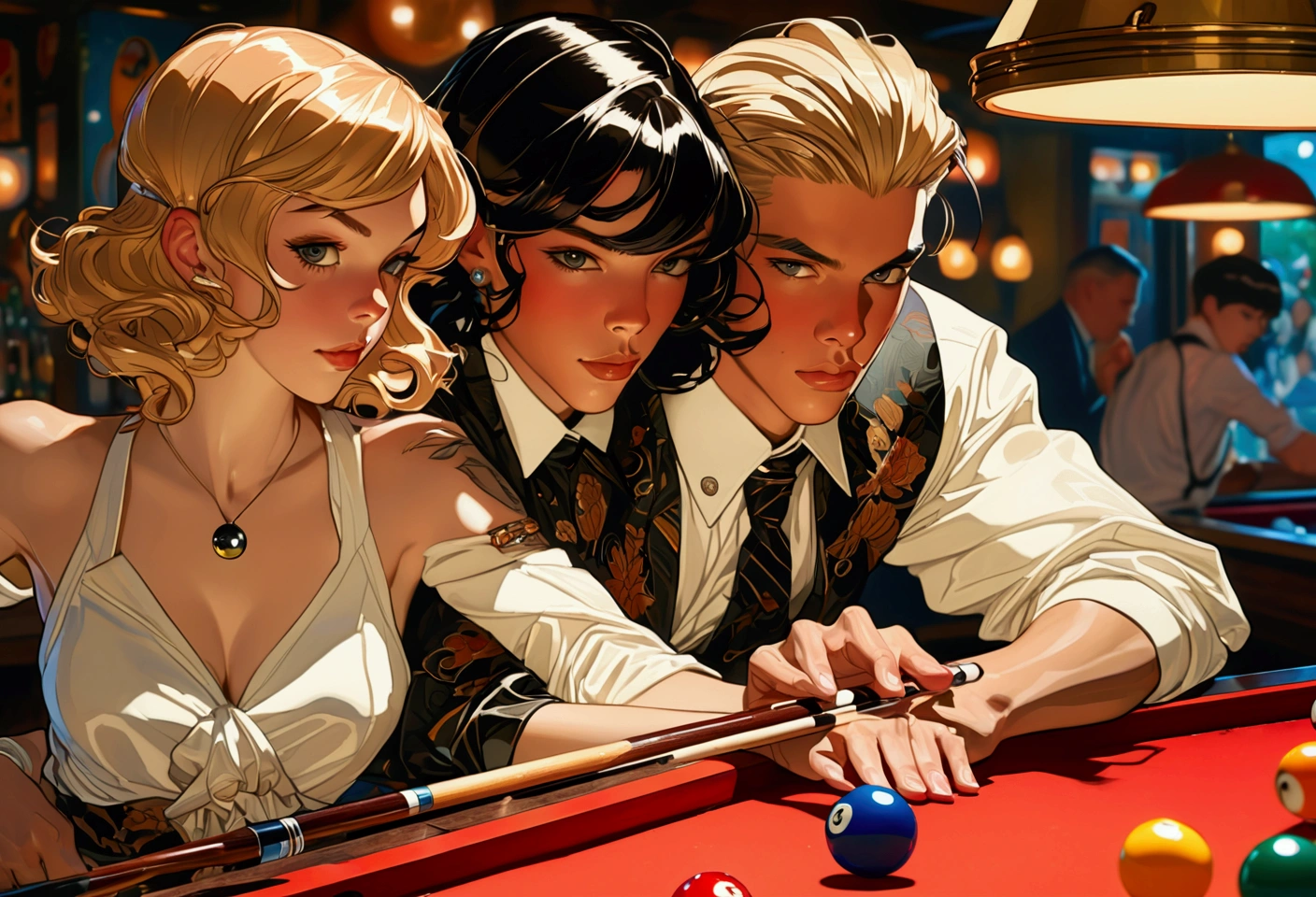 Anime artwork by J.C. Leyendecker. Closeup of a couple shooting pool at a local bar. Canon 5d Mark 4, Kodak Ektar, 35mm. 