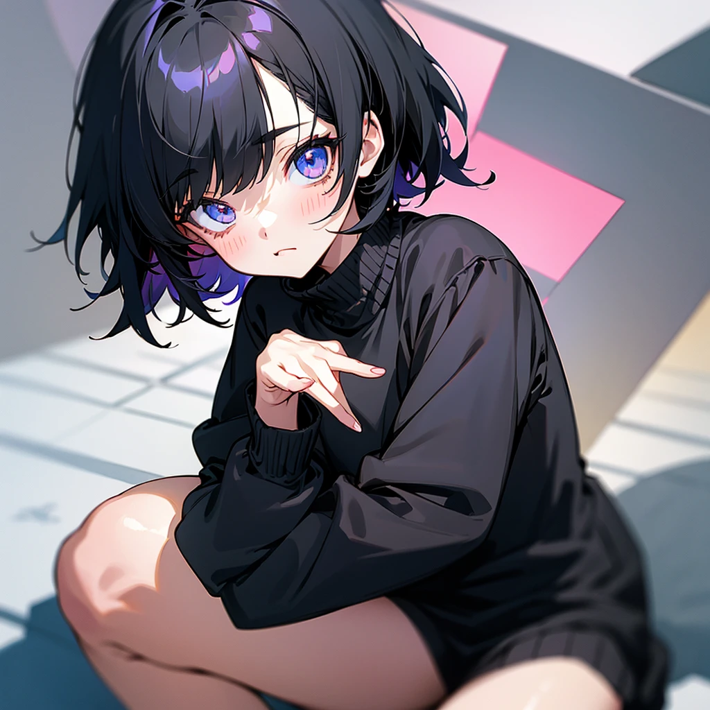 Create an emo girl with cute and adorable anime black sweater and short black hair