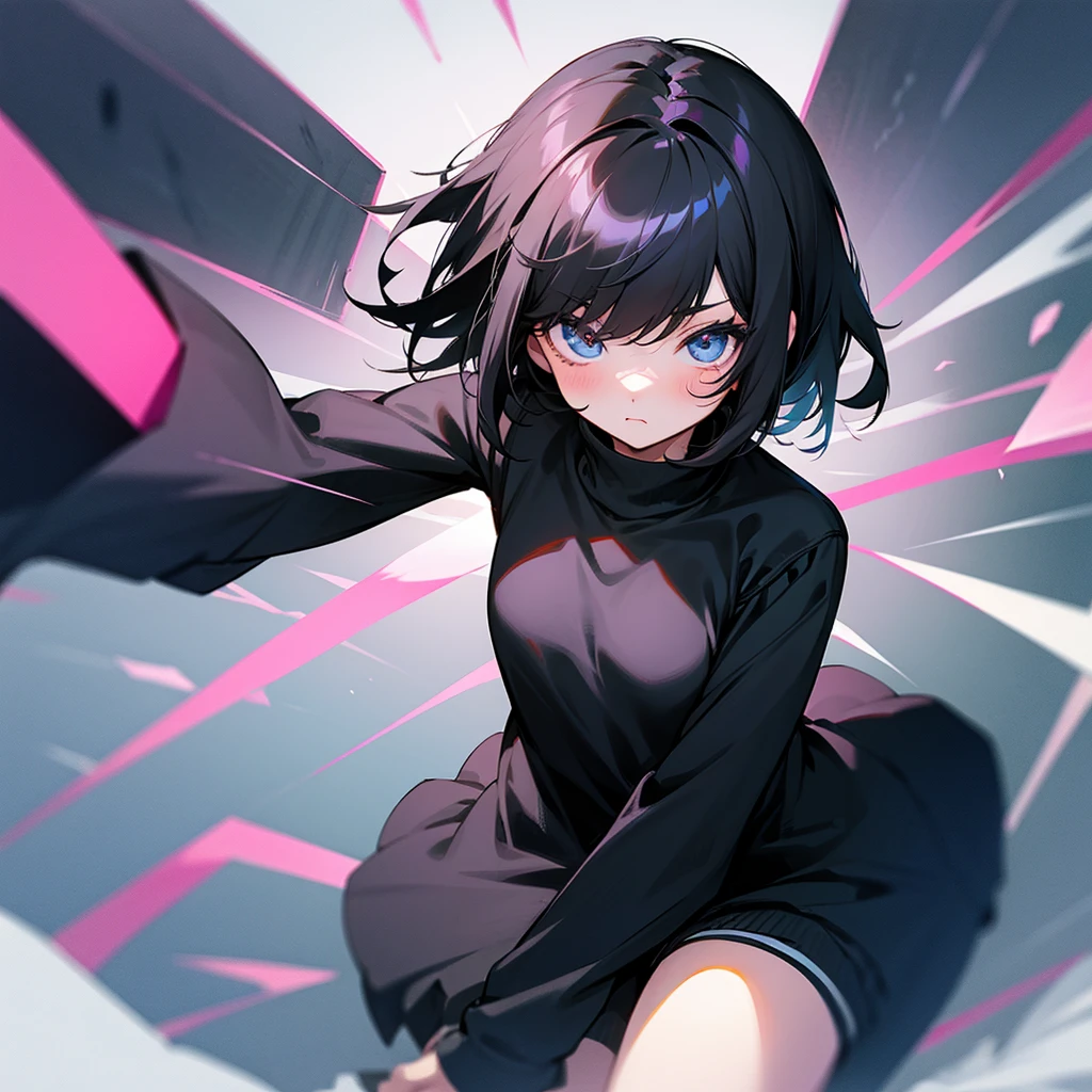 Create an emo girl with cute and adorable anime black sweater and short black hair 